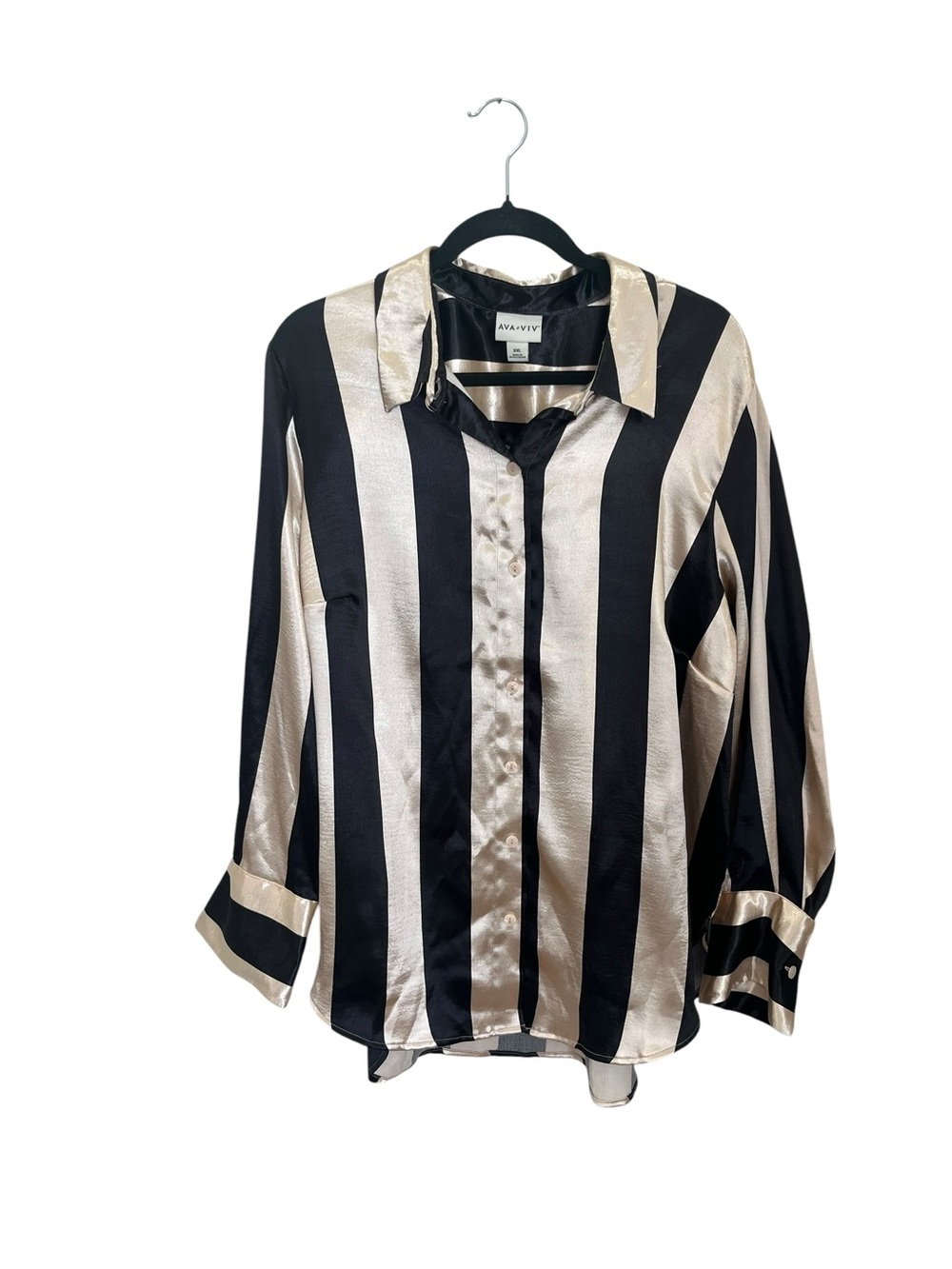 Ava & Viv Black and Champagne Striped Satin Button-Down Shirt Sz XXL